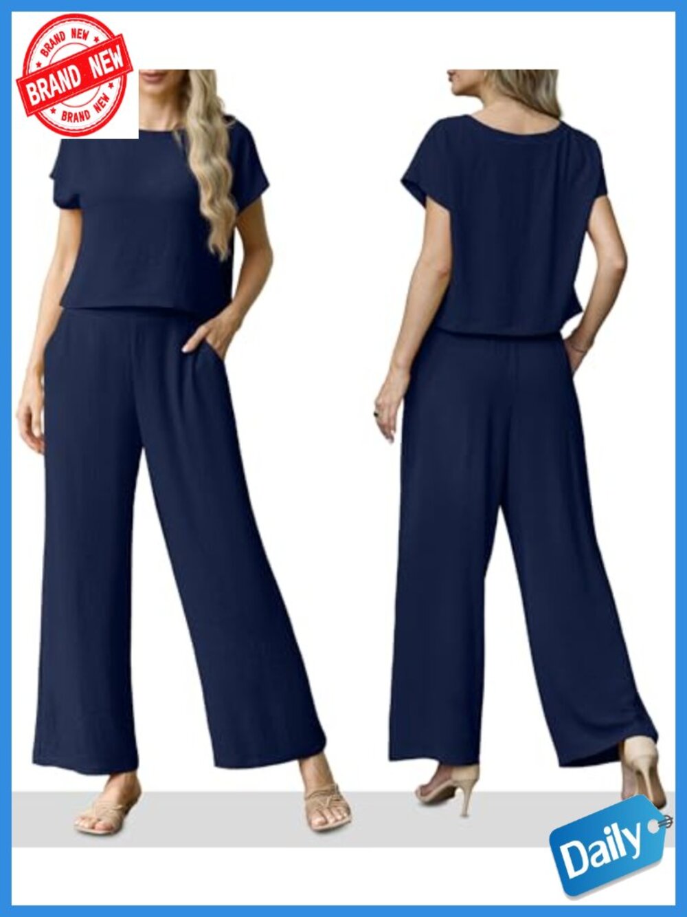 Women's 2 Piece Lounge Set Wide Leg Pants Crop Top with Pockets - Picture 3 of 6